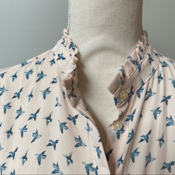 LOFT Bird Print Button Front Ruffle Neck Blouse Light Pink Blue - Picture 3 of 12